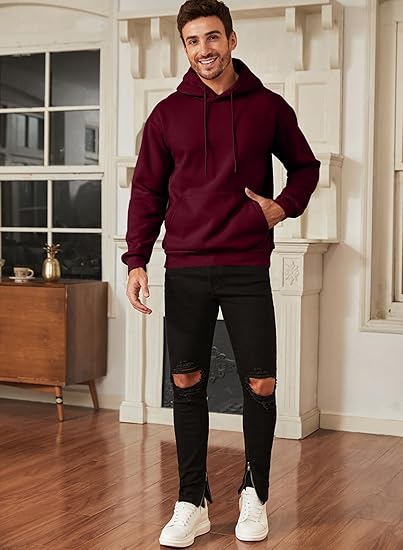 Men's Casual Loose Fit Hoodie – Thickened Fleece Pullover Sweatshirt with Kangaroo Pocket, Solid Color, Autumn & Winter Wear